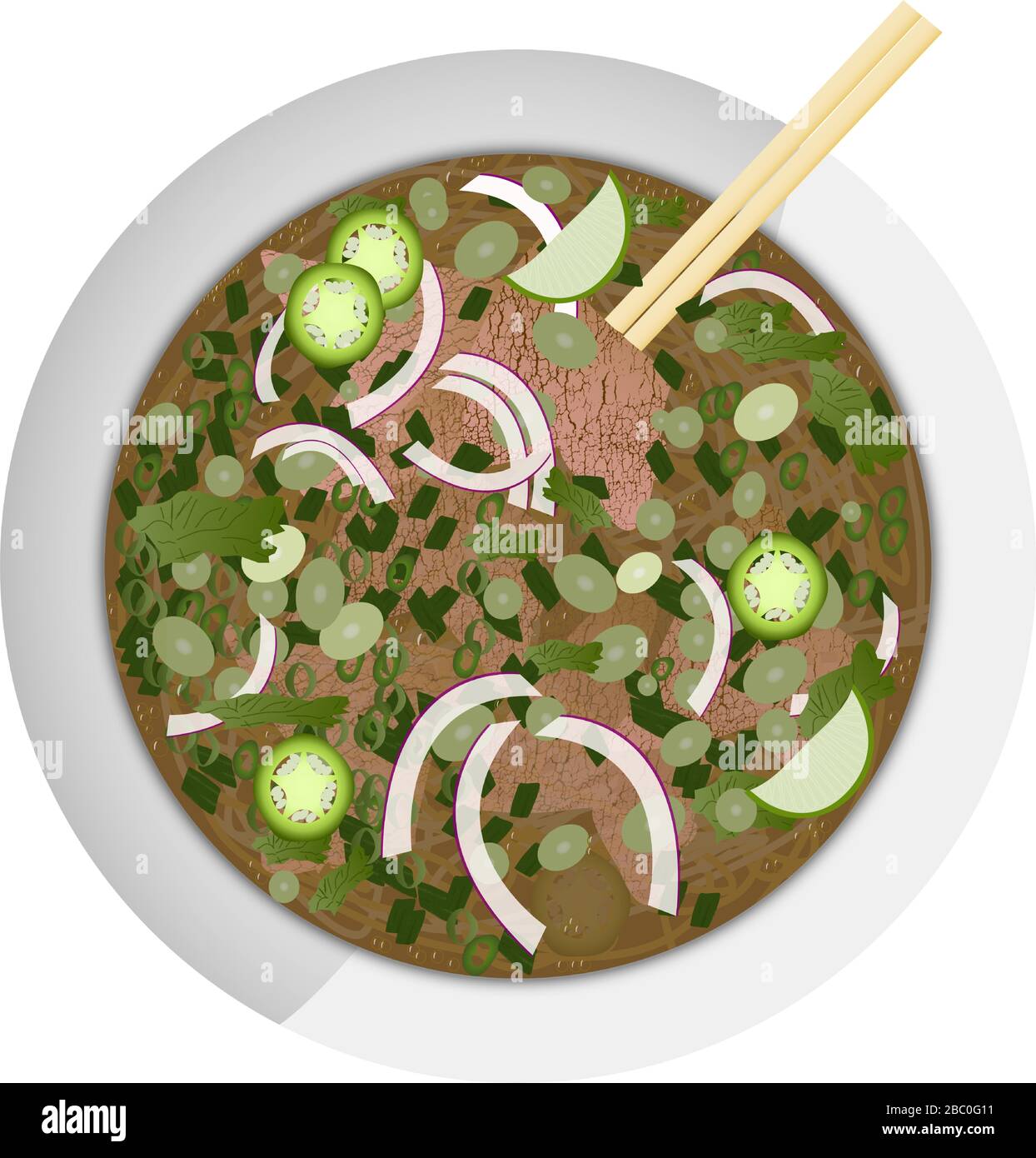 Un grand bol de Pho Bo, un plat vietnamien avec bouillon, nouilles, bœuf et légumes. Servi chaud avec des condiments. Illustration de Vecteur