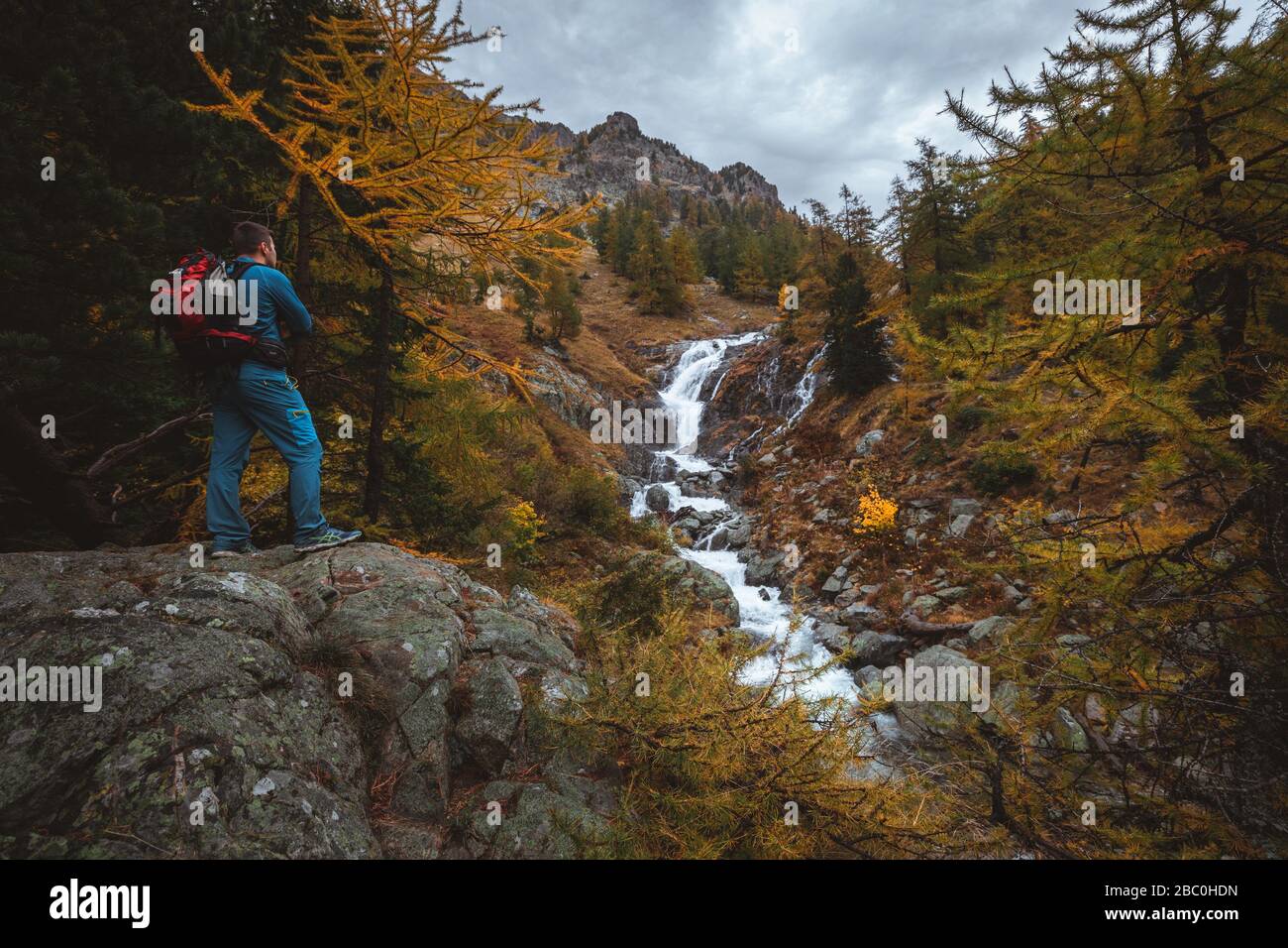 RANDONNEUR CONTEMPLANT LA CASCADE PEIRASTRECHE, COULEURS AUTOMNALES, PARC NATIONAL MERCANTOUR, SAINT-MARTIN-VESUBIE, PROVENCE-ALPES-CÔTE-D'AZUR, (06) ALPES-MARITIMES, FRANCE Banque D'Images