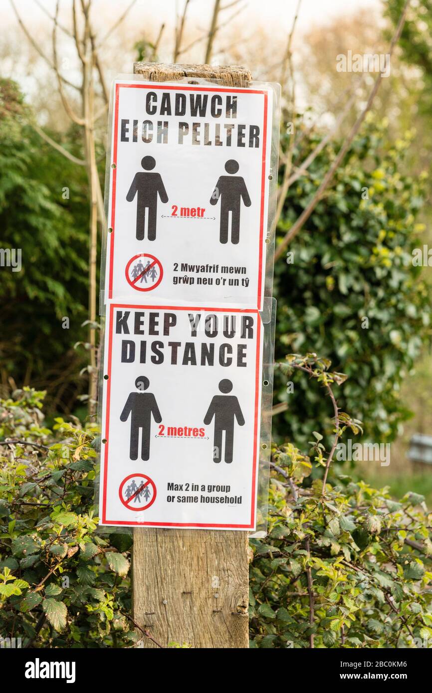 Des panneaux temporaires « Keep Your distance » en gallois et en anglais sont attachés à un poste en bois pendant les crises de Covid-19. Banque D'Images