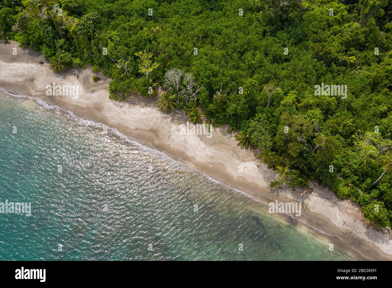 Vue aérienne du parc national de Cahuita le long de la côte sud des Caraïbes du Costa Rica. Banque D'Images