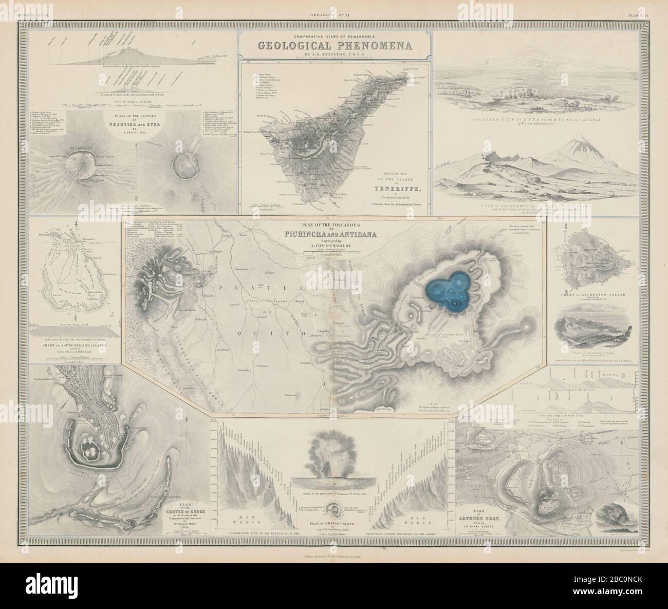 Volcans. Tenerife Vésuve Etna Pichincha Antisana Gede Ascension 1856 carte Banque D'Images