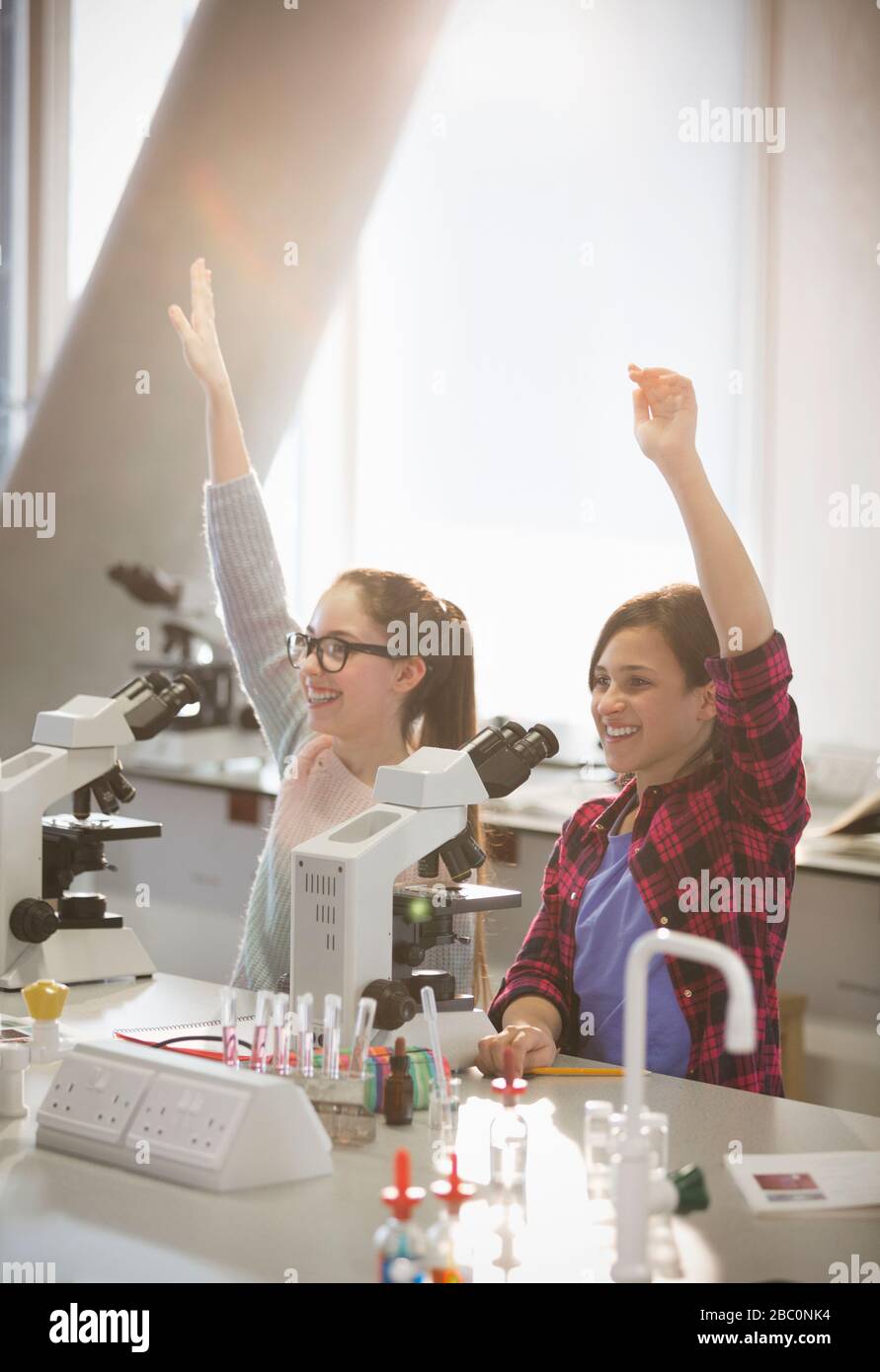 Des jeunes filles avides élèvent les bras derrière des microscopes en salle de classe de laboratoire Banque D'Images