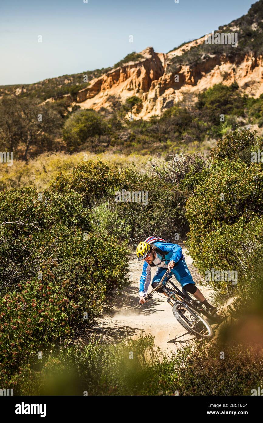 Mountainbiker descendant le train à tête unique poussiéreux, fort Ord National Monument Park, Monterey, Californie, États-Unis Banque D'Images