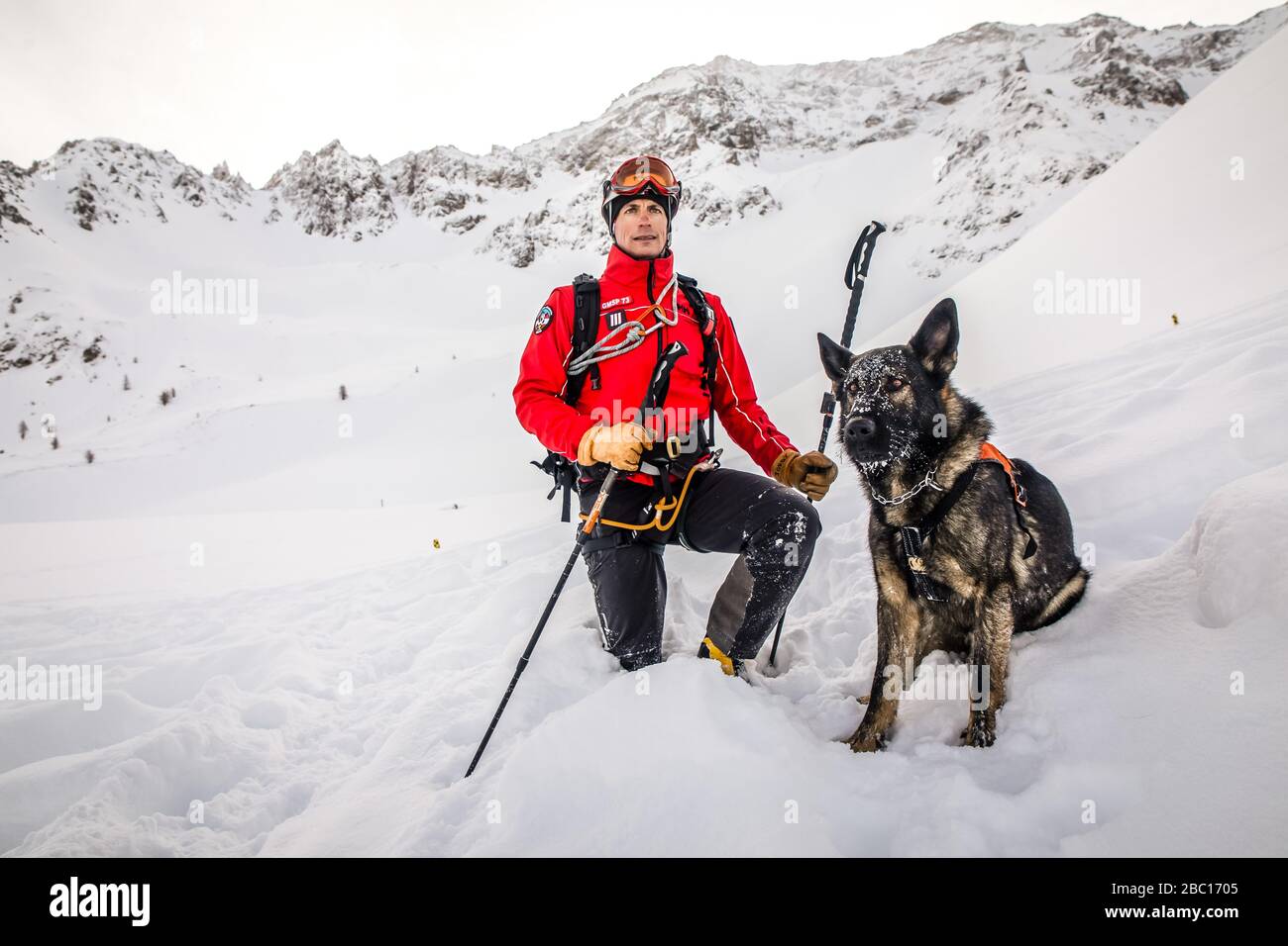 ÉQUIPE D'AVALANCHE DE CHIEN ET DE MANUTENTIONNAIRE, À LA RECHERCHE DE VISITIMS DANS UNE AVALANCHE, POMPIERS NATIONAUX EXECISE DANS LE SAUVETAGE EN AVALANCHE, COL DU LAUTARET, HAUTES ALPES (05) Banque D'Images ÉQUIPE D'AVALANCHE DE CHIEN ET DE MANUTENTIONNAIRE, À LA RECHERCHE DE VISITIMS DANS UNE AVALANCHE, POMPIERS NATIONAUX EXECISE DANS LE SAUVETAGE EN AVALANCHE, COL DU LAUTARET, HAUTES ALPES (05) Banque D'Images