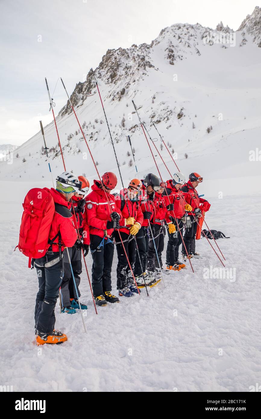 ÉQUIPE D'AVALANCHE DE CHIEN ET DE MANUTENTIONNAIRE, À LA RECHERCHE DE VISITIMS DANS UNE AVALANCHE, POMPIERS NATIONAUX EXECISE DANS LE SAUVETAGE EN AVALANCHE, COL DU LAUTARET, HAUTES ALPES (05) Banque D'Images ÉQUIPE D'AVALANCHE DE CHIEN ET DE MANUTENTIONNAIRE, À LA RECHERCHE DE VISITIMS DANS UNE AVALANCHE, POMPIERS NATIONAUX EXECISE DANS LE SAUVETAGE EN AVALANCHE, COL DU LAUTARET, HAUTES ALPES (05) Banque D'Images