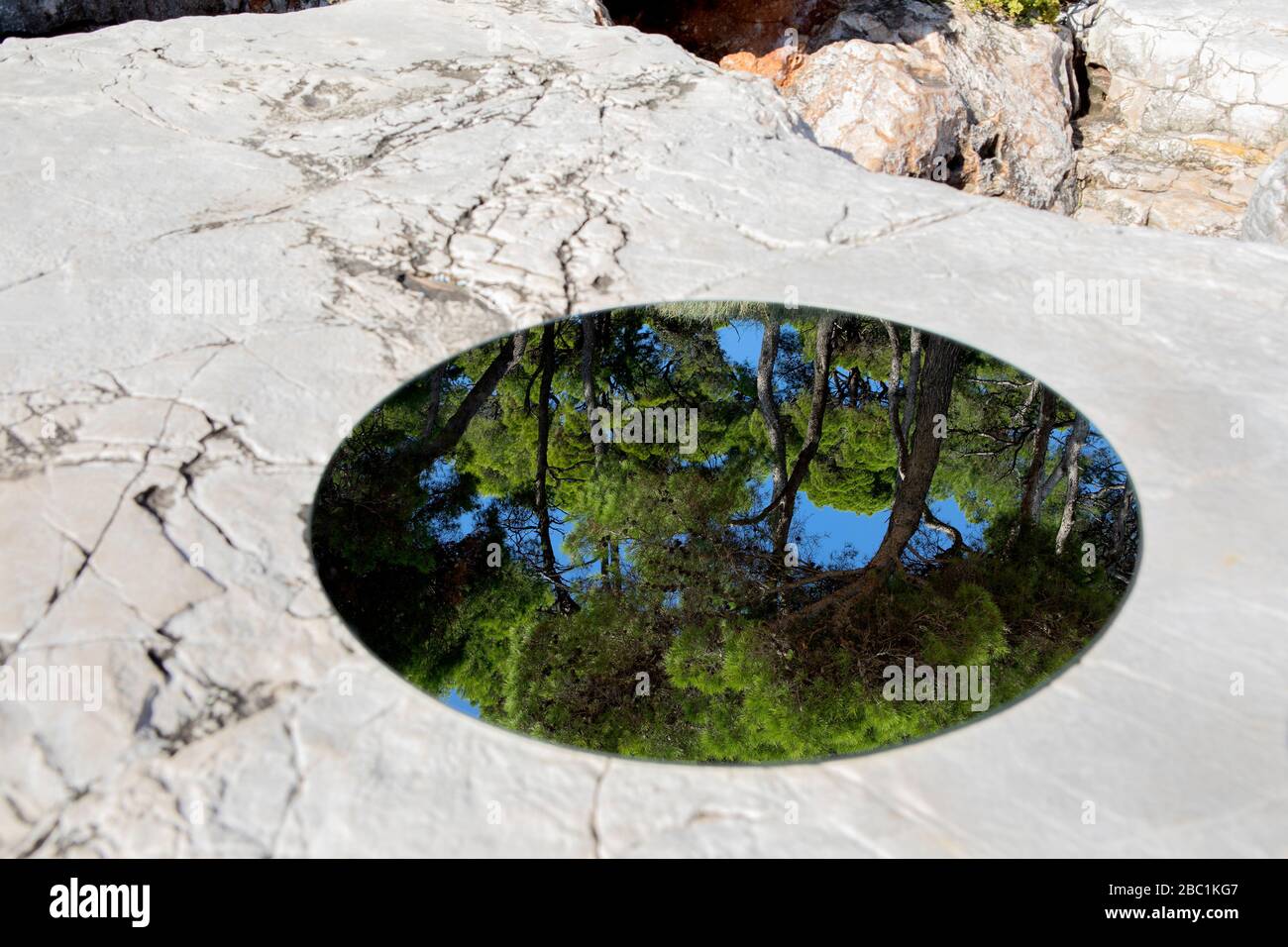 Miroir rond allongé sur la falaise de craie, reflétant la forêt de pins Banque D'Images