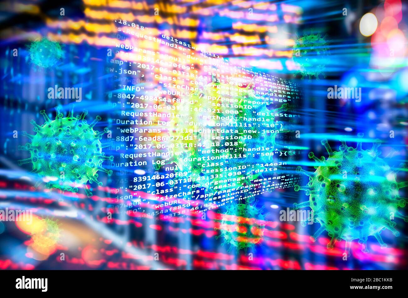 Programmez le code avec des virus, un contexte technologique abstrait avec des racks de serveurs et de nombreux voyants Banque D'Images
