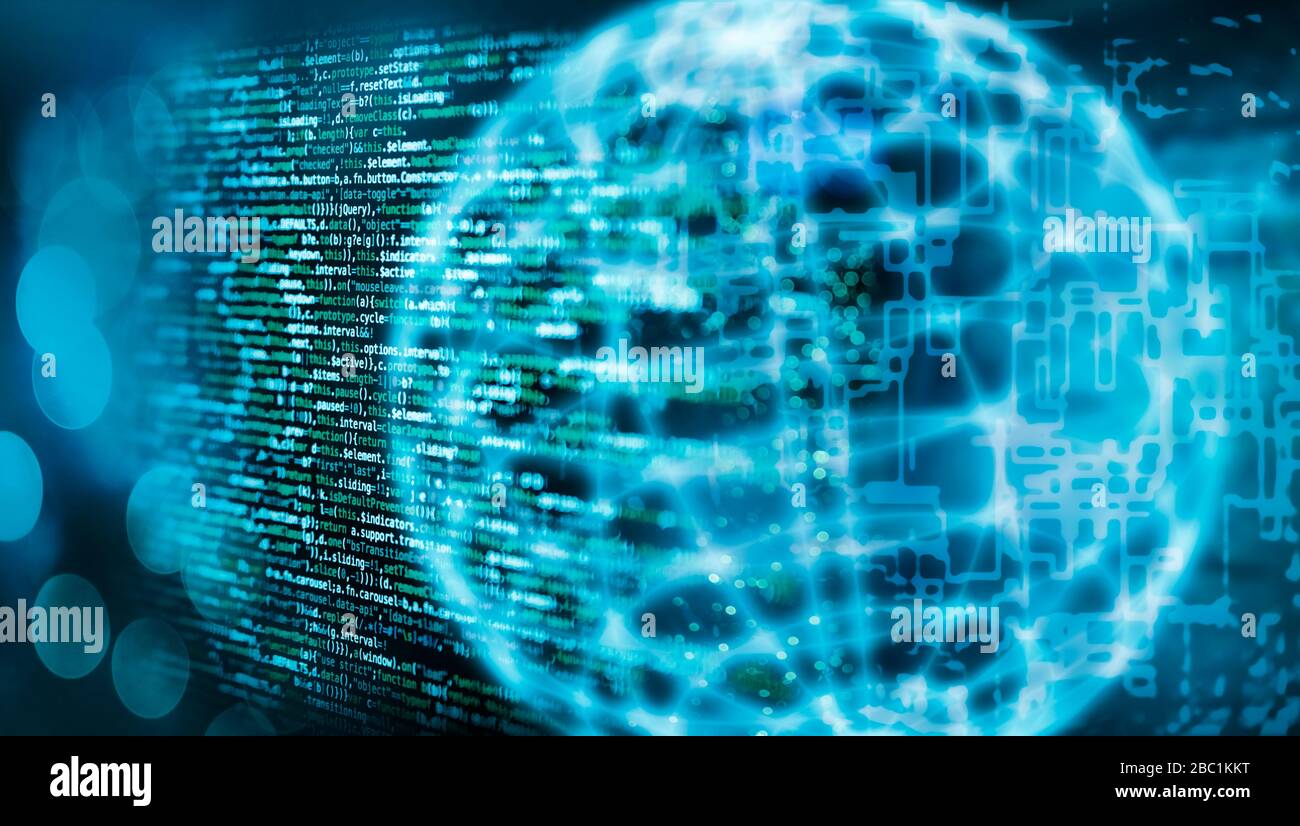 Code de programmation avec globe et fond technique abstrait en bleu Banque D'Images