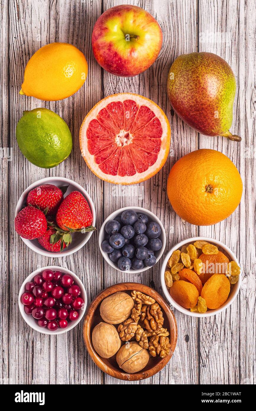 Aliments pour garder les poumons en bonne santé, vue de dessus. Banque D'Images