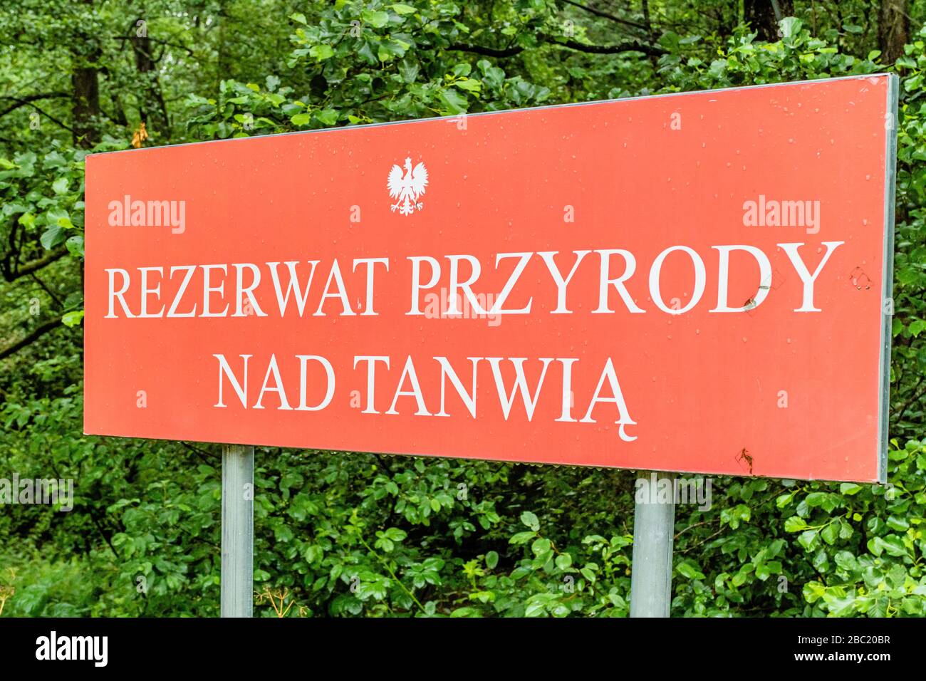 Signe annonçant la réserve naturelle nad Tanwią près de Susiec dans l'est de la Pologne. Juillet 2017. Banque D'Images