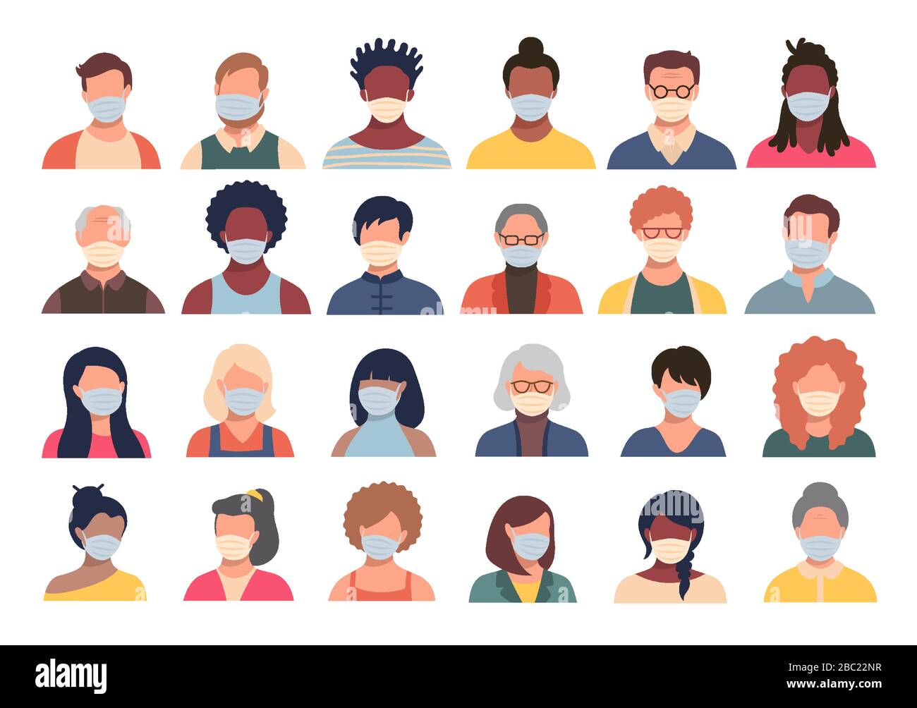 Ensemble de personnes, avatars, chefs de personnes de différentes origines ethniques et d'âge dans des masques de protection. Les hommes et les femmes dans un style plat suivant les recommandations pour Illustration de Vecteur