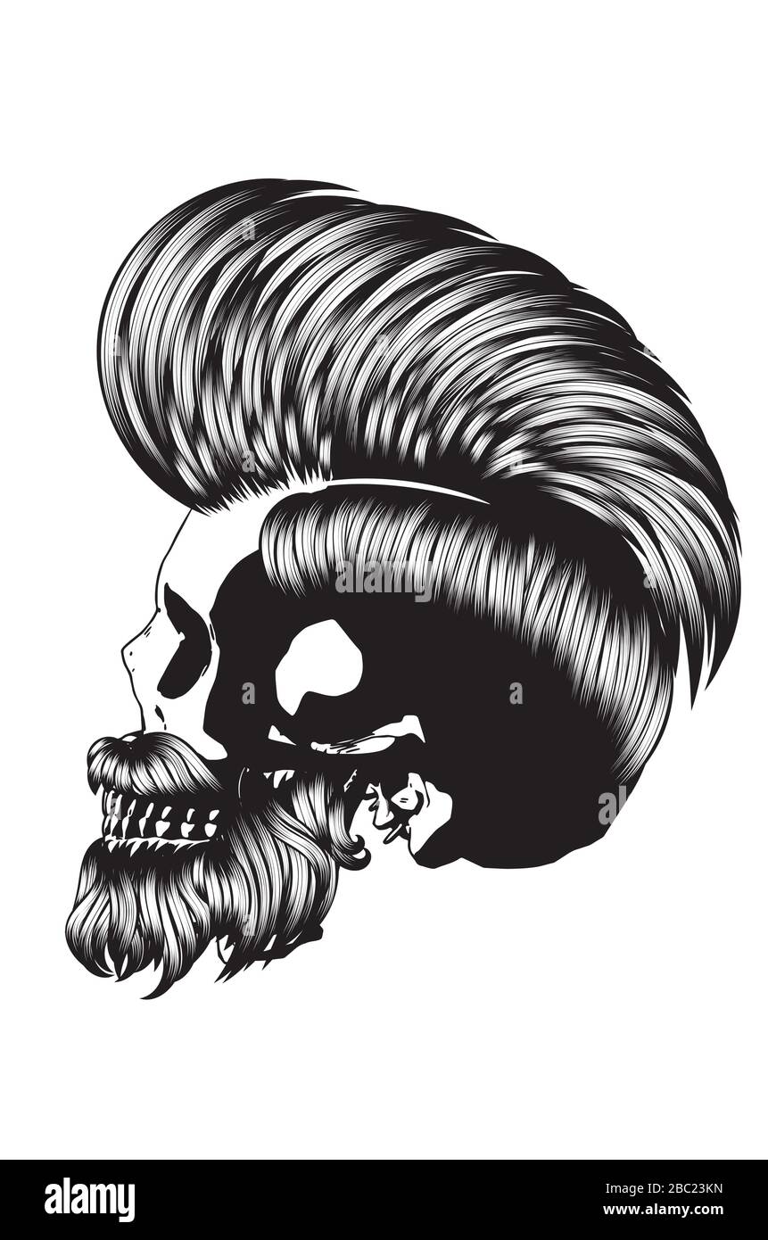 Crâne barbu avec hipster coiffure pour hommes en noir et blanc. Illustration de Vecteur