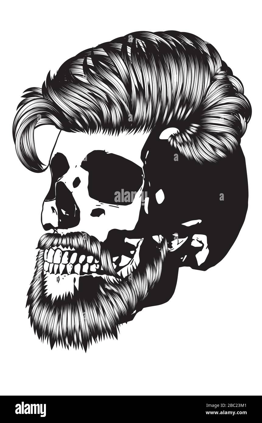 Crâne barbu avec hipster coiffure pour hommes en noir et blanc. Illustration de Vecteur
