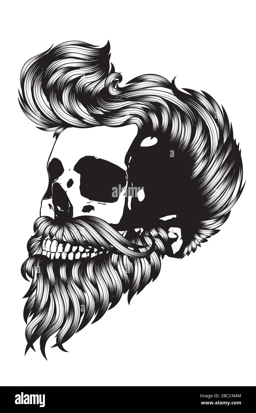 Crâne barbu avec hipster coiffure pour hommes en noir et blanc. Illustration de Vecteur