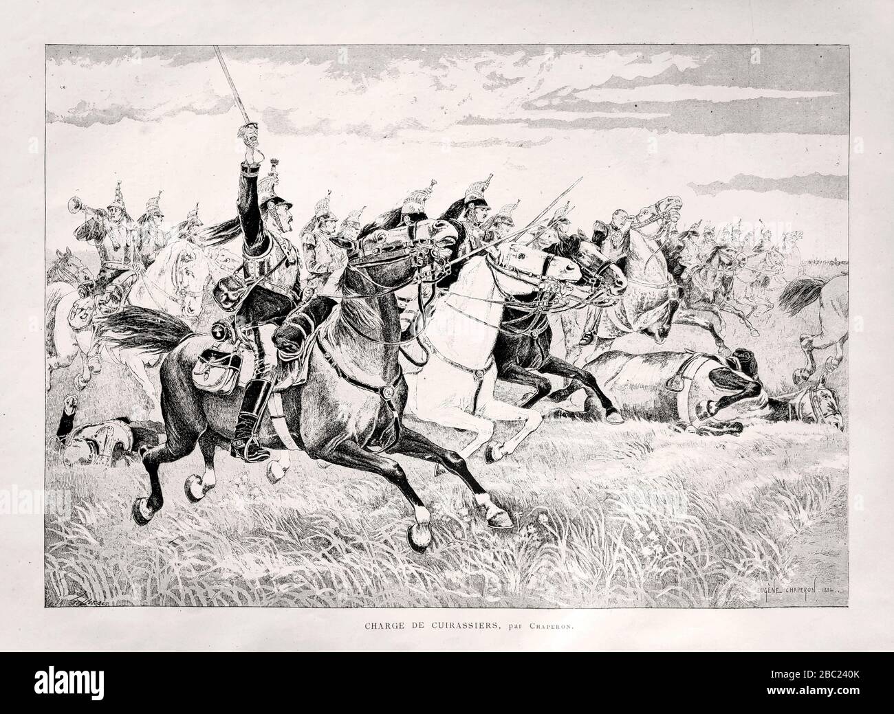 Illustration d'une charge de cuirassiers dans un champ de bataille intitulé "charge de cuirassiers" par Eugène Chaperon publié à la fin du XIXe siècle. Banque D'Images