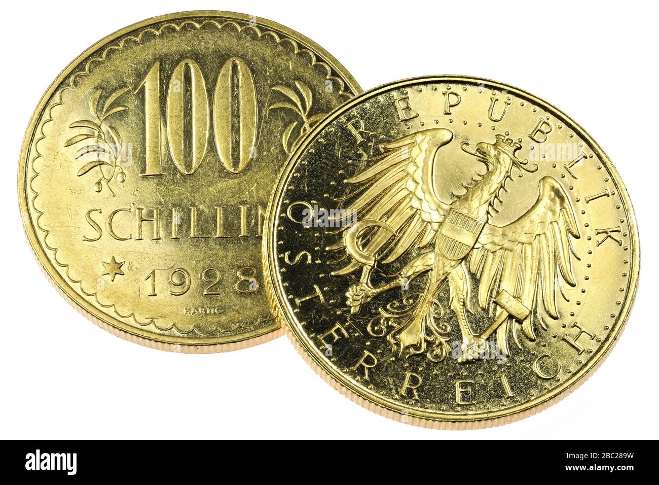 Autrichien 100 pièces d'or Schilling isolées sur fond blanc Banque D'Images