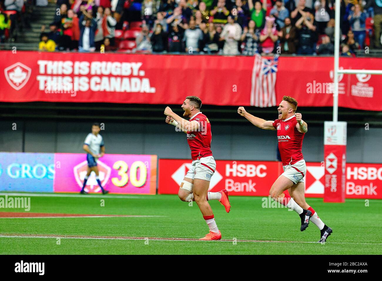 Vancouver, Canada. 8 mars 2020. Le Canada célèbre après avoir vaincu l'Afrique du Sud pour gagner le bronze au cours du deuxième jour - 2020 HSBC World Rugby Sevens Series à l'adresse Banque D'Images