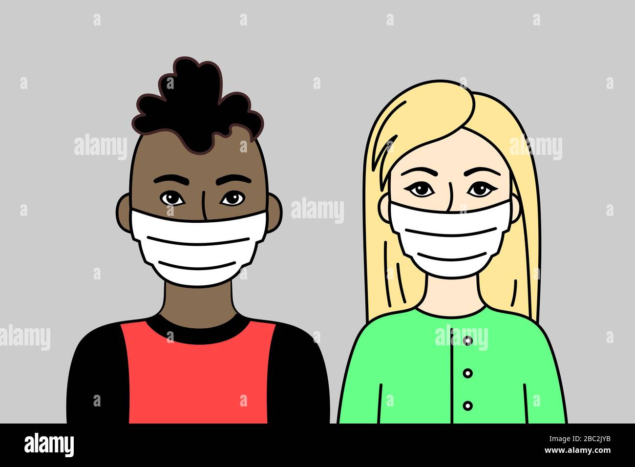 Deux personnes portent des masques de visage. Deux jeunes adultes, homme africain ou brésilien, blond Woman. Masques de protection pour prévenir la maladie, la grippe, le vol Illustration de Vecteur