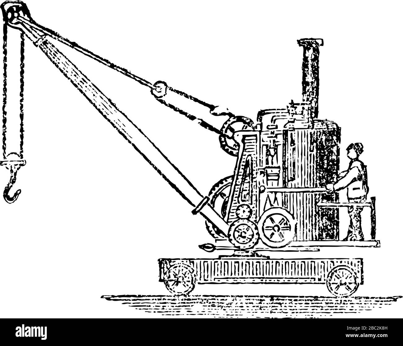 Grue à vapeur avec crochet, dessin d'art vintage gravé en ligne noir et blanc Illustration Illustration de Vecteur