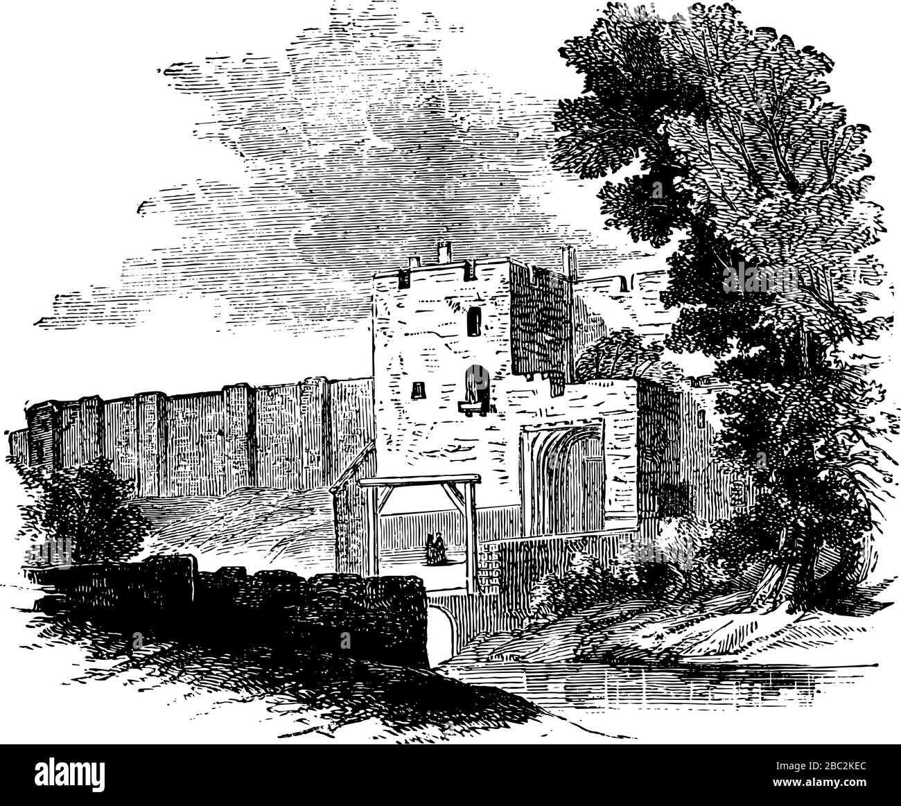 Berkely Castle Vintage gravé ligne art dessin noir et blanc Illustration Illustration de Vecteur