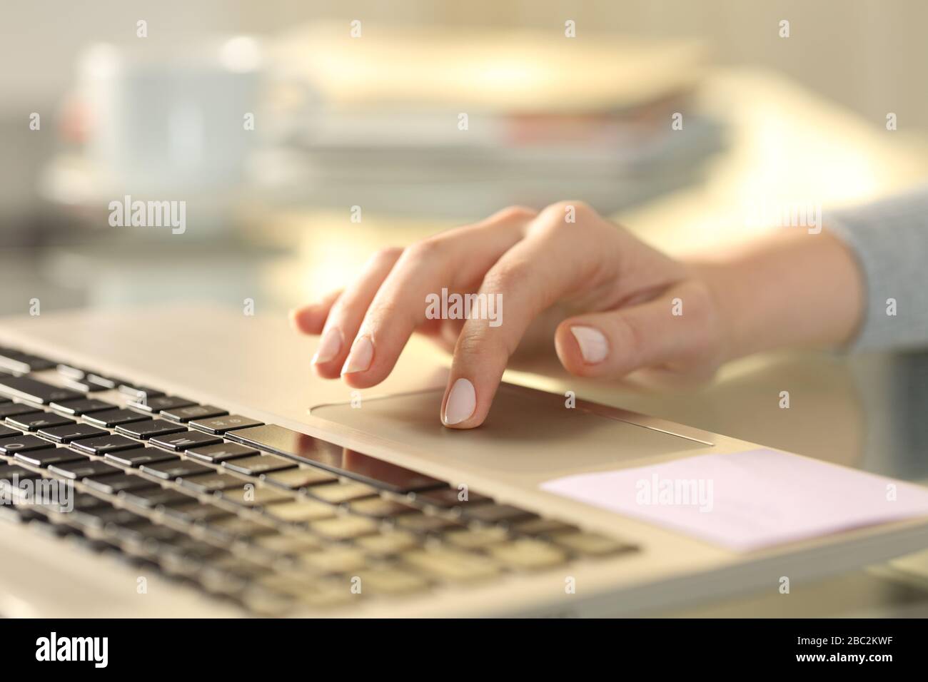Gros plan sur la main d'une femme avec un ordinateur portable à l'aide du pavé tactile sur un bureau à la maison Banque D'Images