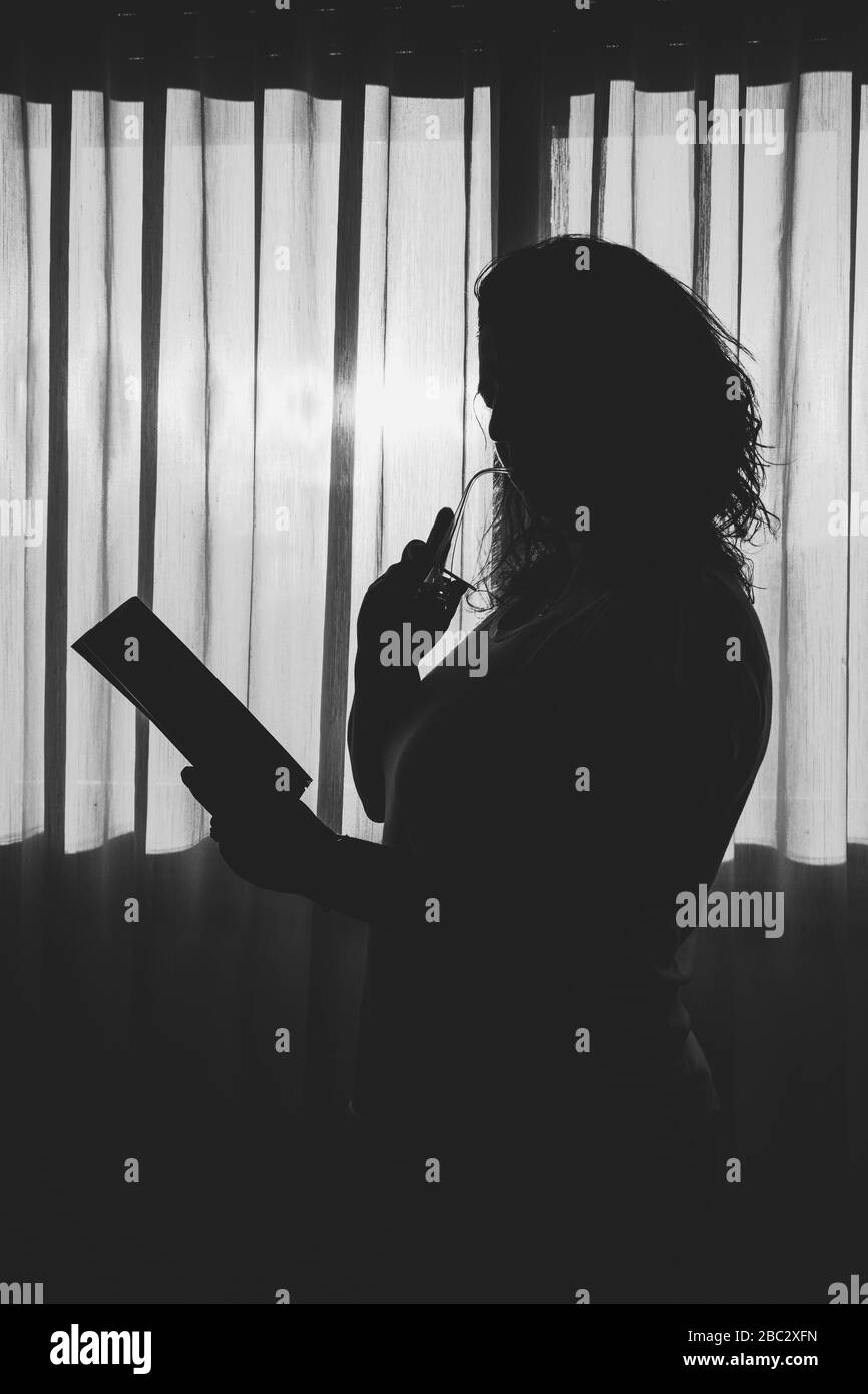 Vue latérale de la silhouette femme debout par fenêtre lecture d'un livre Banque D'Images