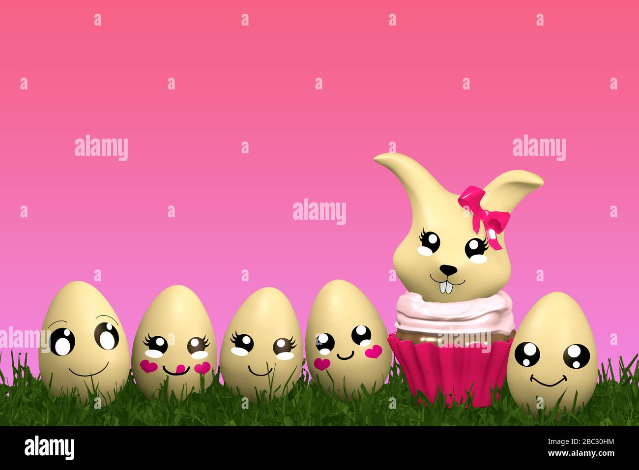 Joli lapin de Pâques Kawaii dans un cupcake avec des œufs de Pâques à l'émoticône drôle. rendu tridimensionnel Banque D'Images