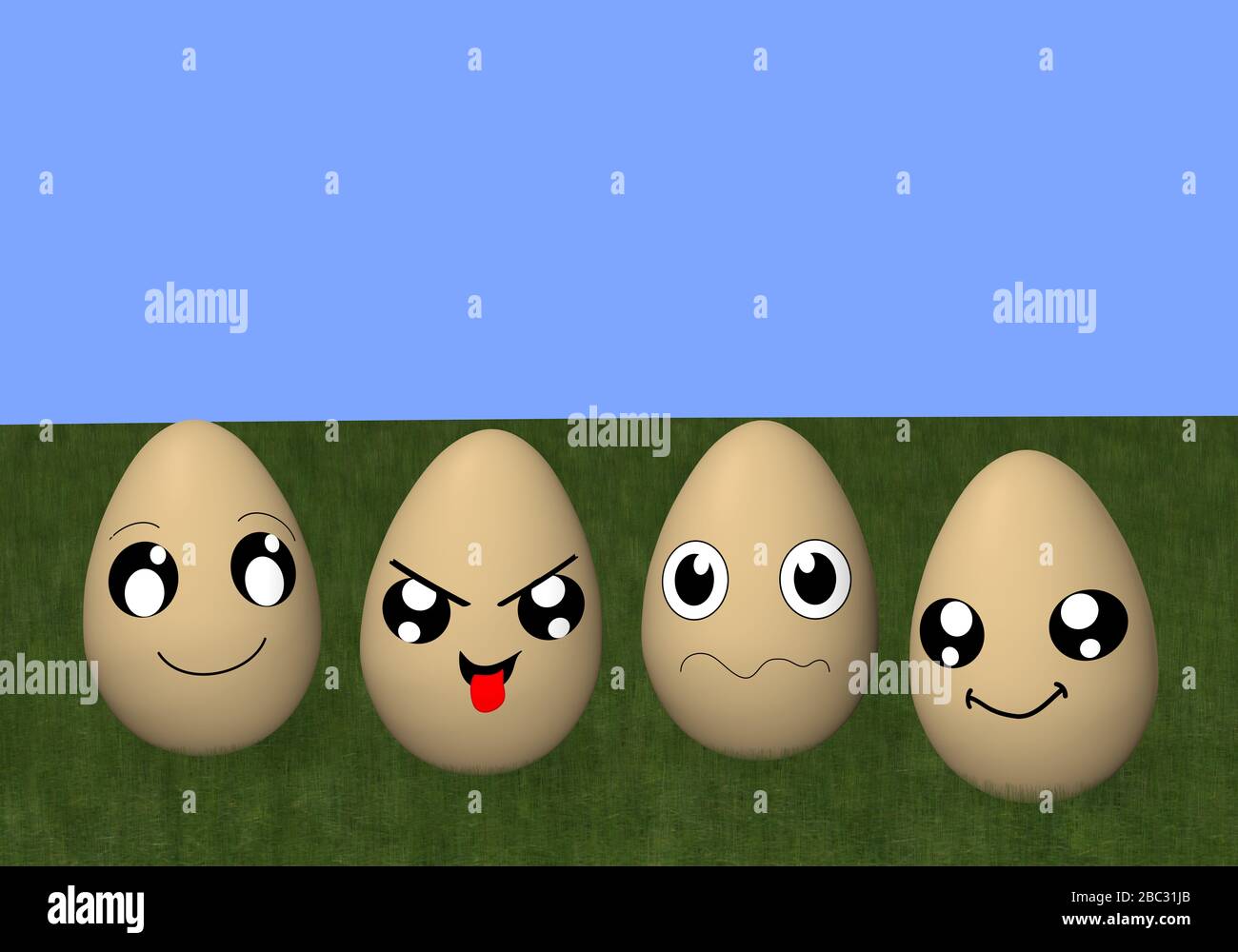 Quatre drôle d'émoticone oeufs de Pâques sur l'herbe verte, avec fond bleu avec l'espace libre de texte Banque D'Images Quatre drôle d'émoticone oeufs de Pâques sur l'herbe verte, avec fond bleu avec l'espace libre de texte Banque D'Images