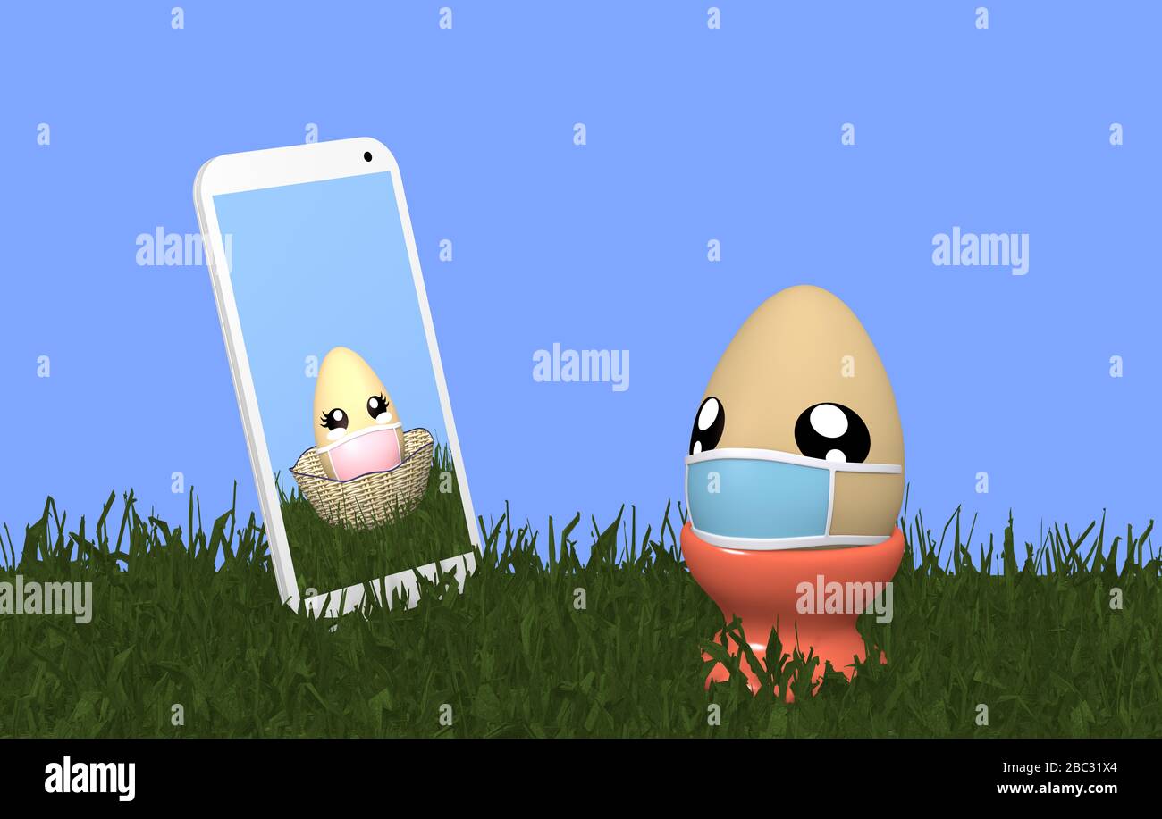 L'œuf de Pâques Kawaii mignon avec masque facial a un chat vidéo avec sa petite amie. rendu tridimensionnel Banque D'Images