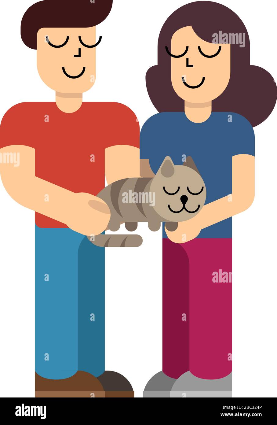 Homme et femme tenant le chat domestique. Couple avec chat dans un style plat simple. Illustration vectorielle isolée sur fond blanc. Illustration de Vecteur