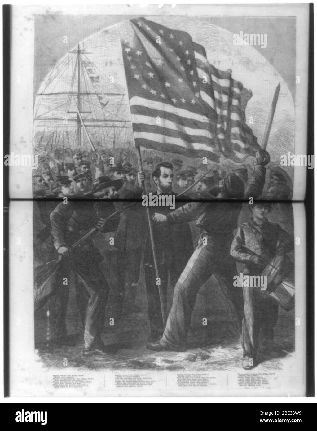 Groupe de soldats de l'Union avec Abraham Lincoln tenant le drapeau américain en premier plan; quatre versets de Rally Round le drapeau en dessous de l'image Banque D'Images