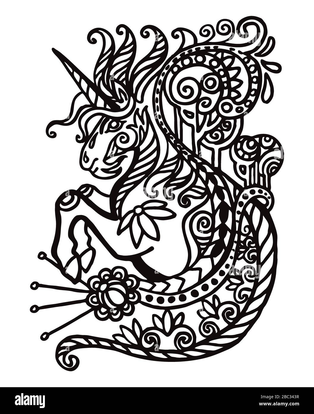 Dessin vectoriel main zentangle doodle coloriage antistress avec ornement unicorn isolé sur fond blanc. Illustration pour décorer un tee-shirt, annonce Illustration de Vecteur