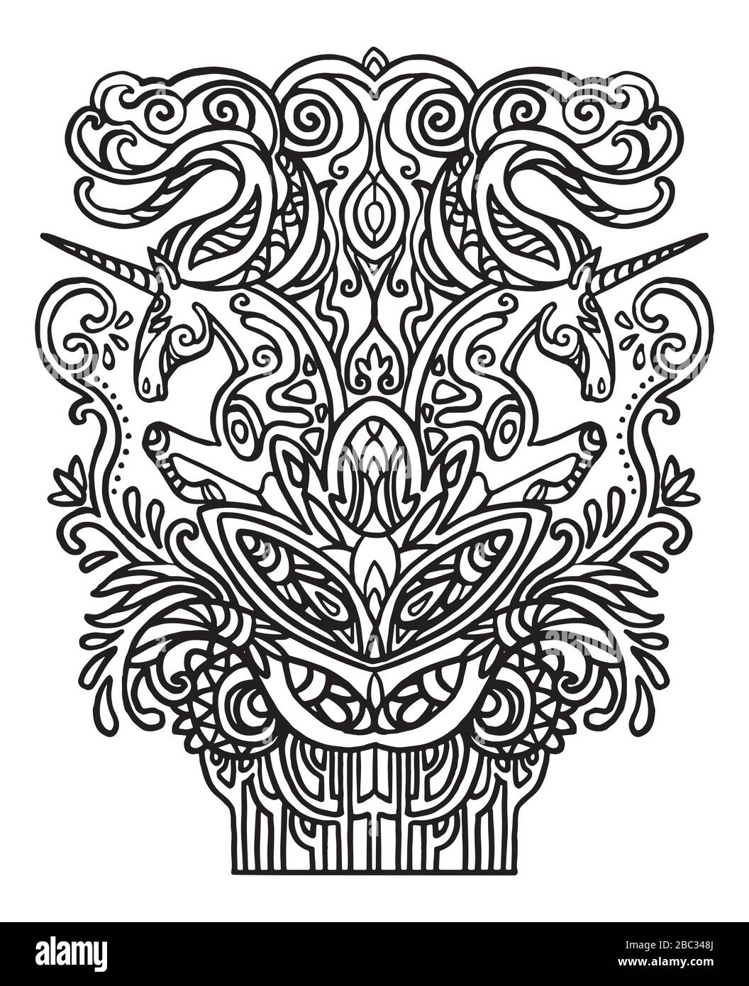 Vecteur zentangle doodle coloriage antistress avec couple de unicornes isolés sur fond blanc. Illustration pour décorer le tee-shirt, la papeterie, l'adu Illustration de Vecteur
