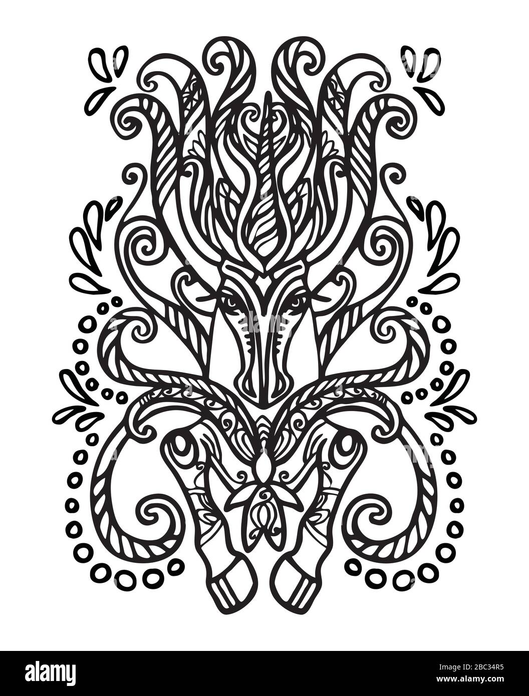 Dessin vectoriel main zentangle doodle coloriage antistress avec ornement unicorn isolé sur fond blanc. Illustration pour décorer un tee-shirt, St Illustration de Vecteur