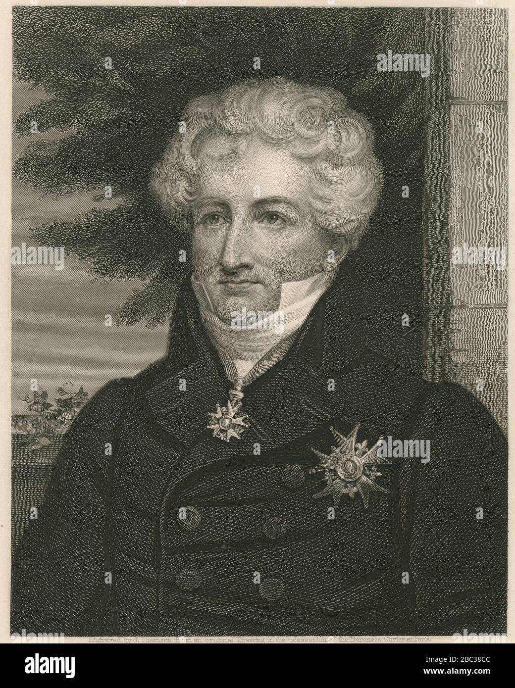 Gravure ancienne, Georges Cuvier. Jean Léopold Nicolas Frédéric, Baron Cuvier (1769-1832), connu sous le nom de Georges Cuvier, était naturaliste et zoologiste français, parfois appelé « père fondateur de la paléontologie ». SOURCE: GRAVURE ORIGINALE Banque D'Images