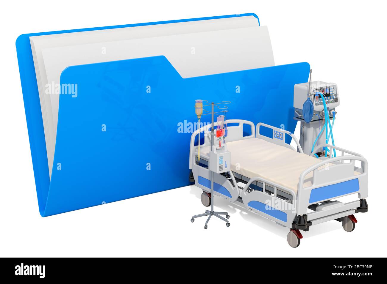 Icône de dossier d'ordinateur avec unité de soins intensifs, ICU. Rendu 3D isolé sur fond blanc Banque D'Images