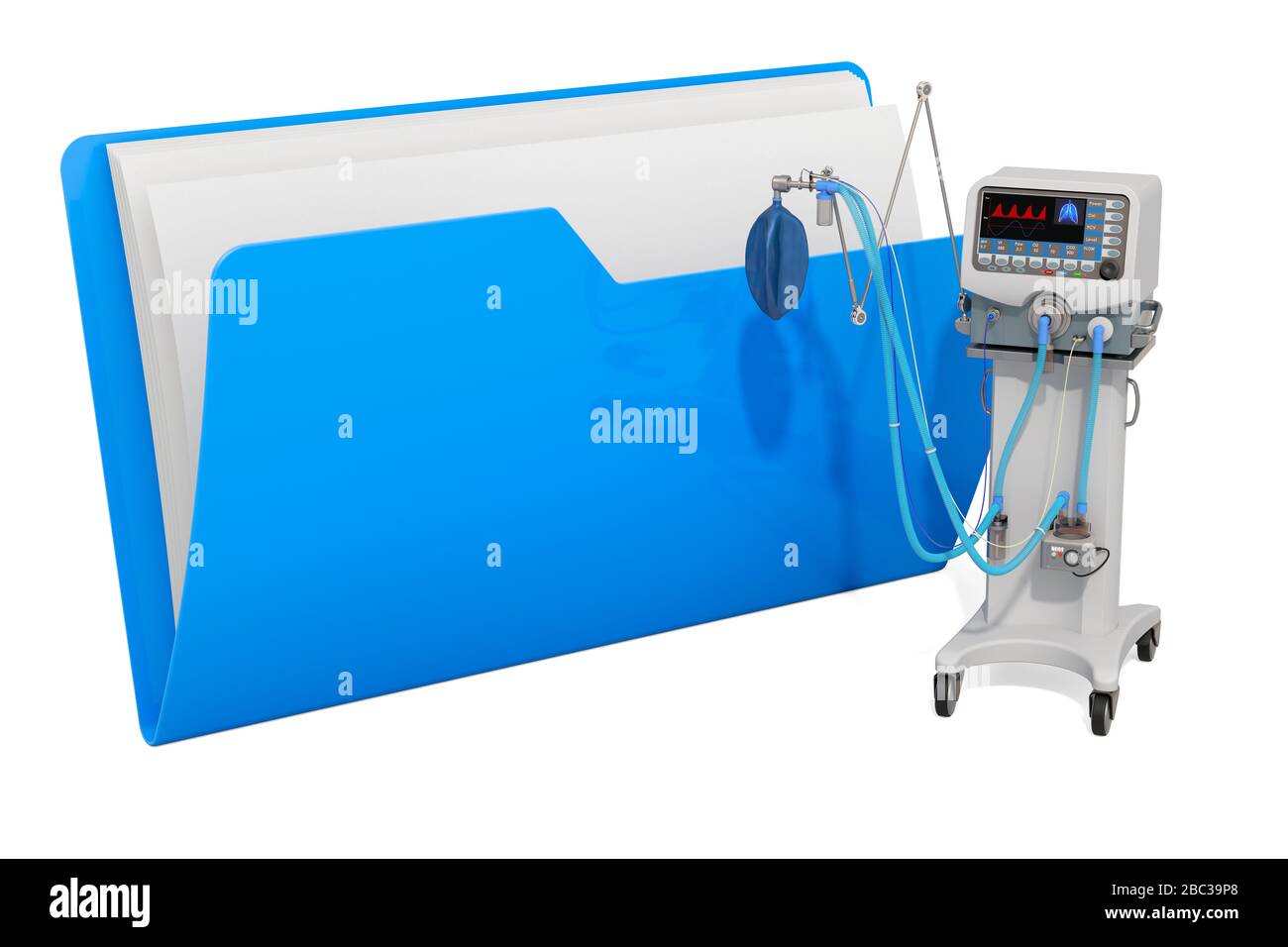 Icône de dossier d'ordinateur avec ventilateur médical ICU. Rendu 3D isolé sur fond blanc Banque D'Images