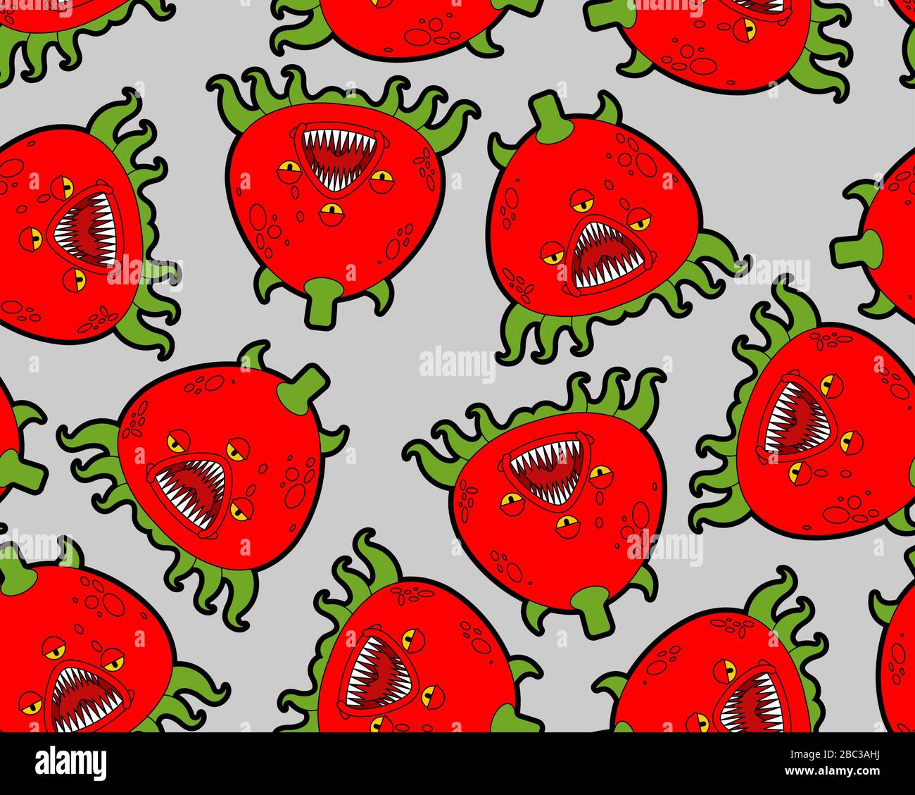 Motif monstre tomate sans coutures. Fond mutant OGM. Légumes en colère avec ornement des dents. Texture vectorielle alimentaire Alien affamé Illustration de Vecteur