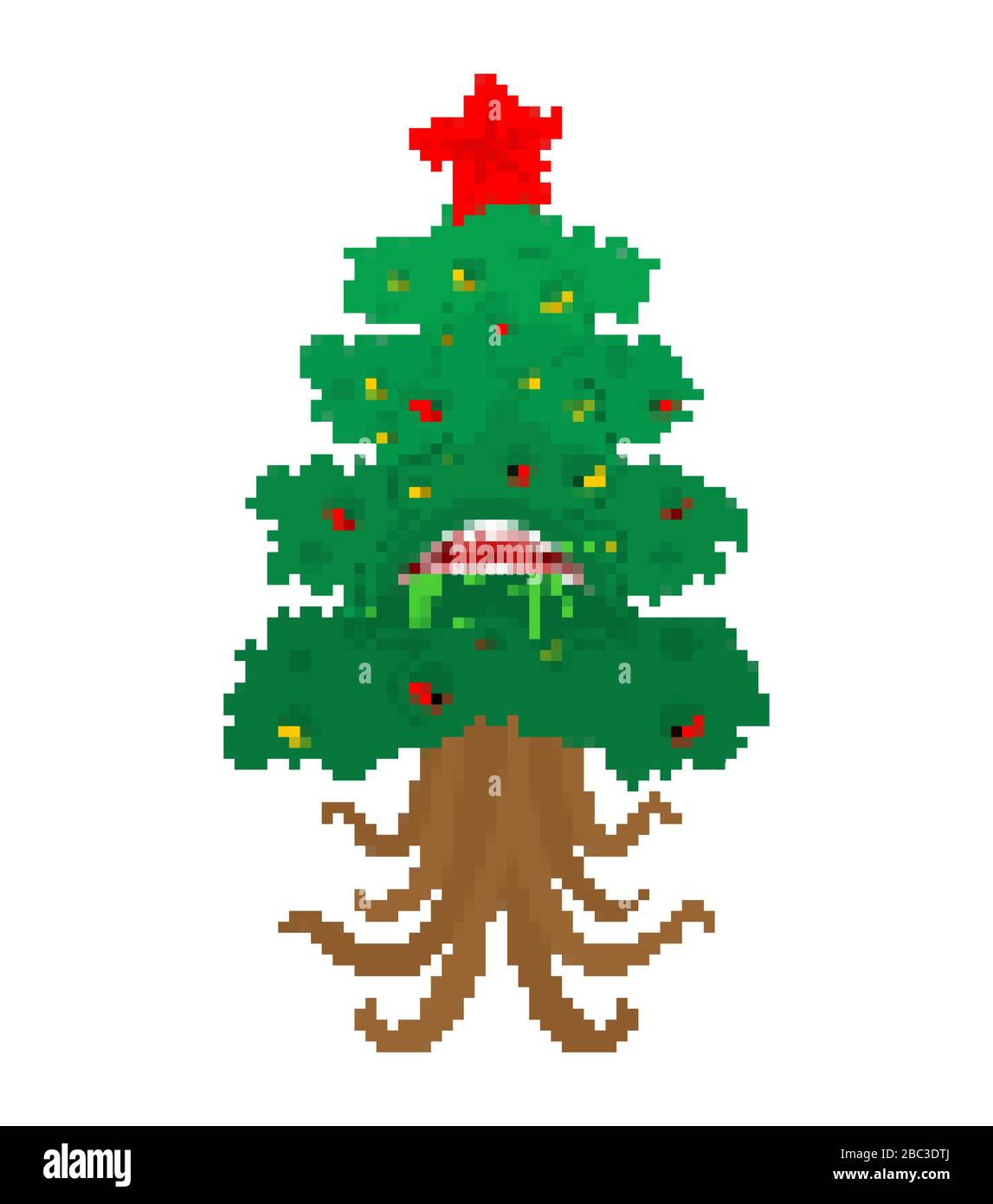 Noël arbre monstre pixel art. mutant Fir 8 bit. Illustration vectorielle Noël et nouvel an en colère Illustration de Vecteur