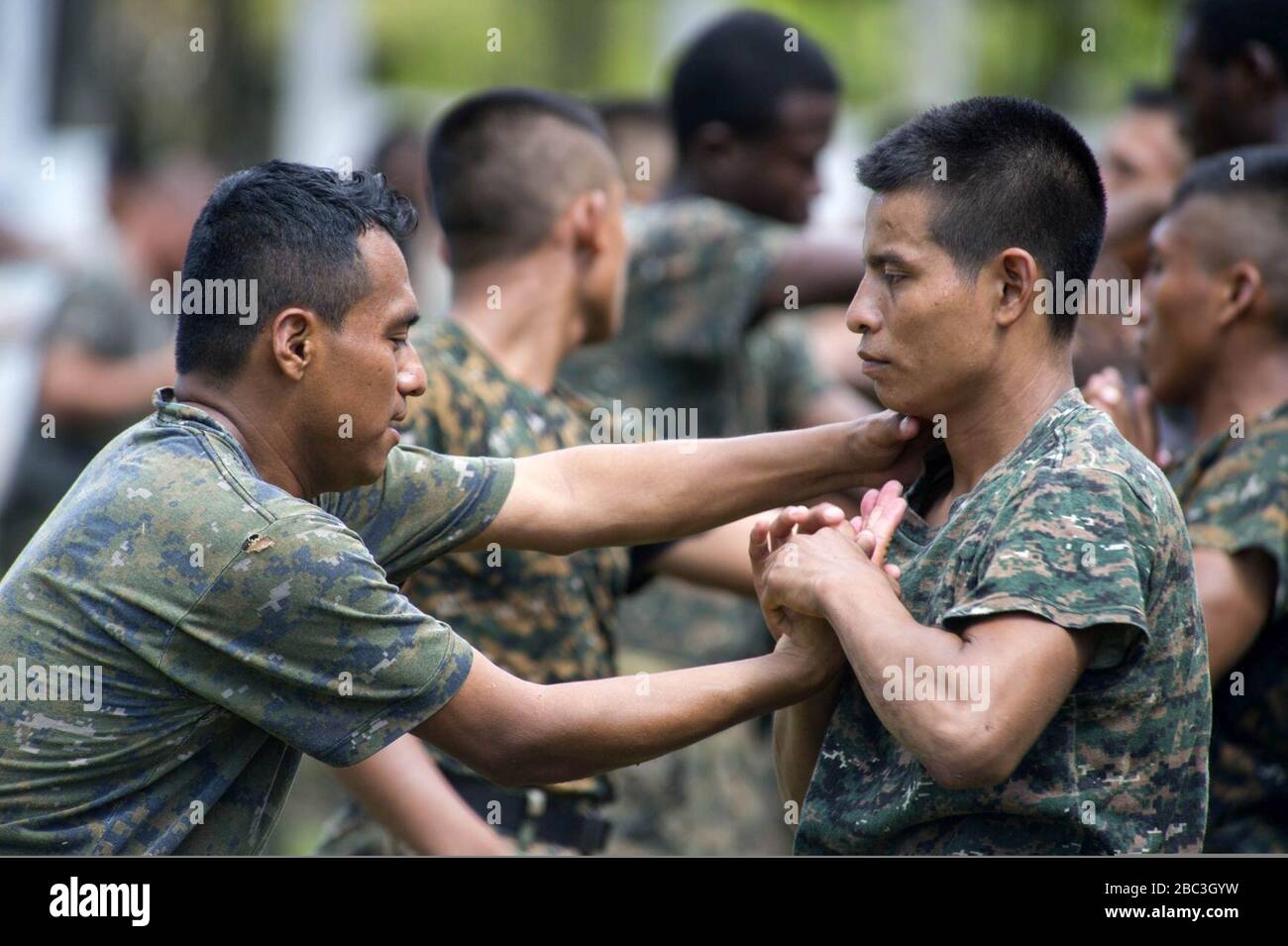 Les marines guatémaltèques participent à un échange de conditionnement de combat avec les marines américaines affectées à une attaque d'atterrissage l'équipe des opérations suivantes dans le cadre de la formation du Programme des arts martiaux du corps marin des États-Unis au cours de l'année 140819 Banque D'Images