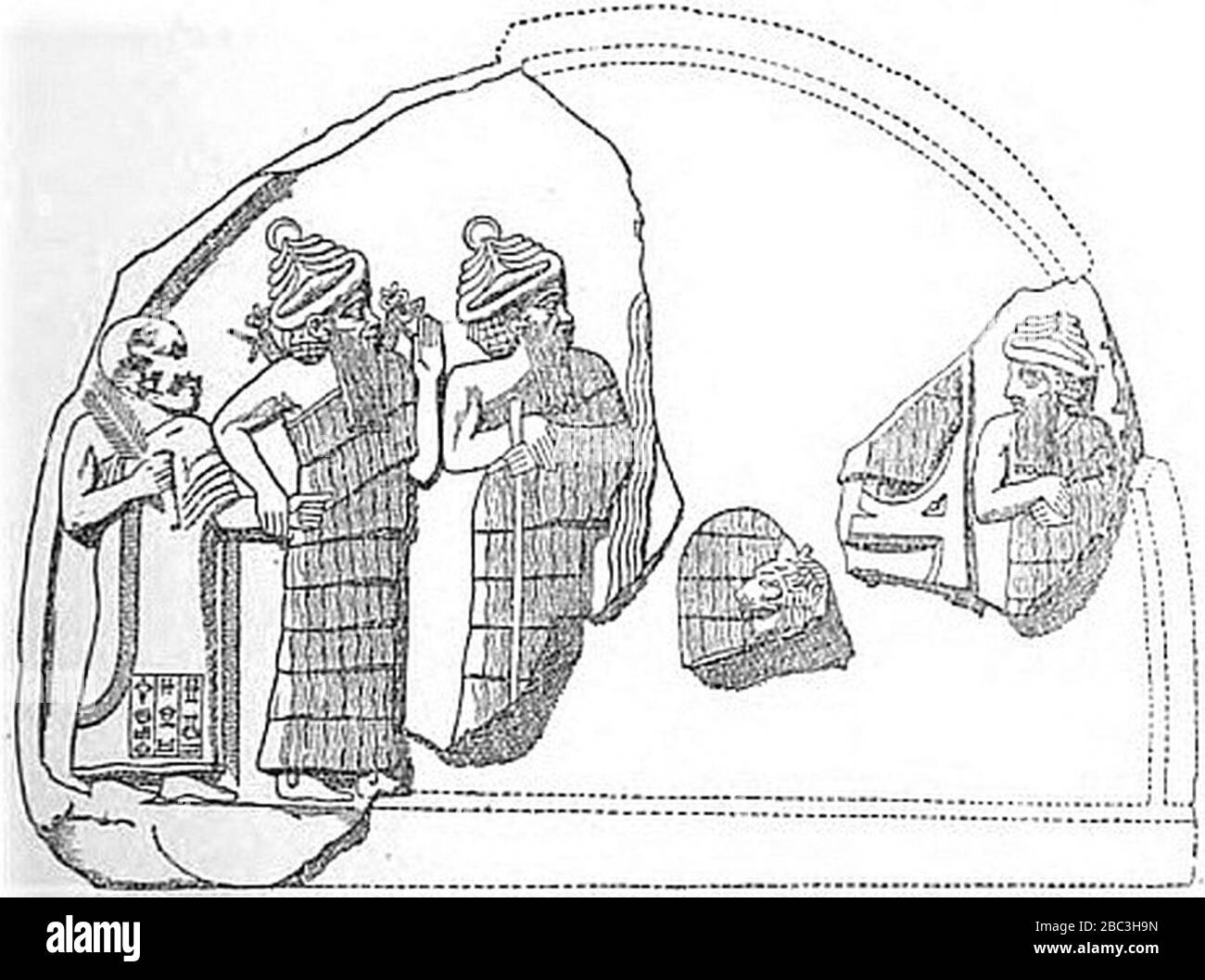 Gudea étant dirigé par Ningishzida et un autre dieu en présence d'une divinité qui est assis sur un trône Banque D'Images