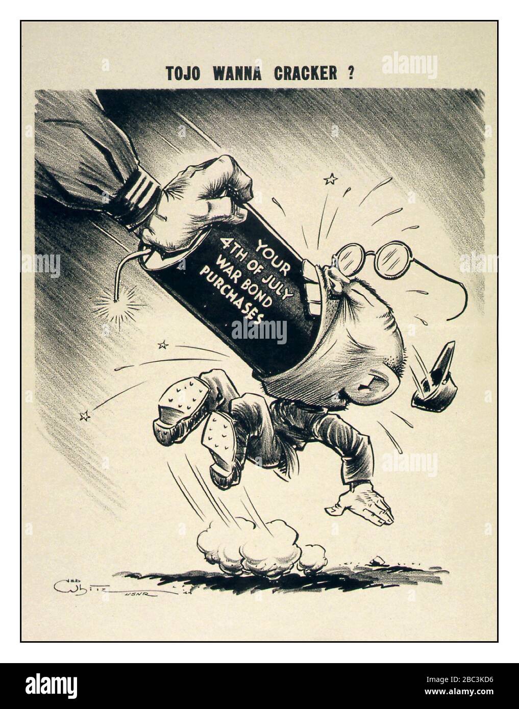 Vintage WW2 caricature de dessin animé USA ' Tojo Want a cracker' ? Vos achats d'obligations de guerre du 4 juillet CA. Guerre américaine des années 1940 contre le Japon impérial. Hideki Tojo (30 décembre 1884 – 23 décembre 1948) était un homme politique japonais et général de l'armée impériale japonaise, premier ministre du Japon et président de l'Association impériale d'assistance à la règle pour la majorité de la seconde Guerre mondiale Exécuté pour crimes de guerre Banque D'Images