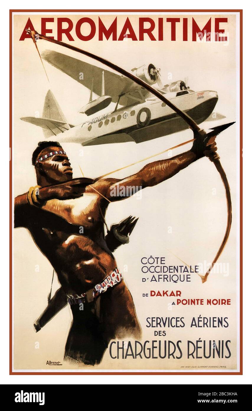 AEROMARITIME années 1950 Vintage Airline Publicité affiche natif Afbow man dans l'antiquaire française Dakar Pointe Noire Côte occidentale d'Afrique Banque D'Images