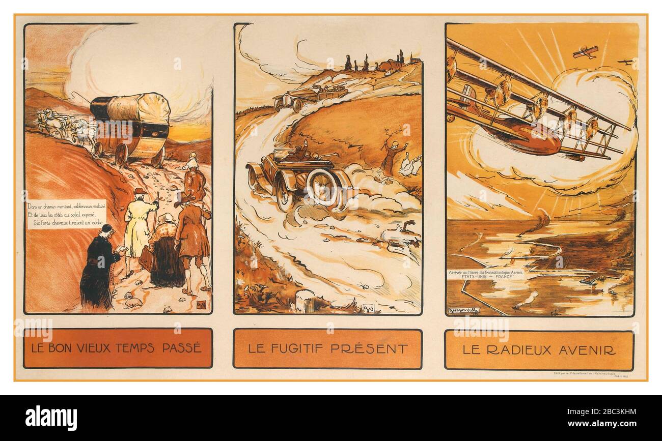Affiche de voyage française vintage pour la promotion de la ligne aérienne transatlantique entre les États-Unis et la France avec une peinture de trois panneaux de couleur par le célèbre caricaturiste français et caricaturiste Georges Villa (1883-1965). Le premier panneau un autocar à cheval qui monte une route en montée avec ses passagers marchant derrière lui, le deuxième panneau représente les voitures qui traversent une route de terre. Le troisième panneau, les avions qui survolent la côte de la France. Le texte lit les bons vieux jours. Le présent éphémère. L’avenir glorieux. » Arrivée au Havre par Transatlantic Air, États-Unis à France.1922, designer: George Villa, Banque D'Images