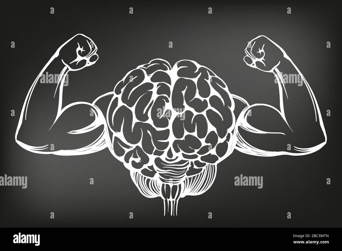 cerveau à mains fortes, entraînement du cerveau, dessin d'illustration vectorielle dessinée à la main sur une icône dessinée à la main, dessiné à la craie sur un tableau noir Illustration de Vecteur