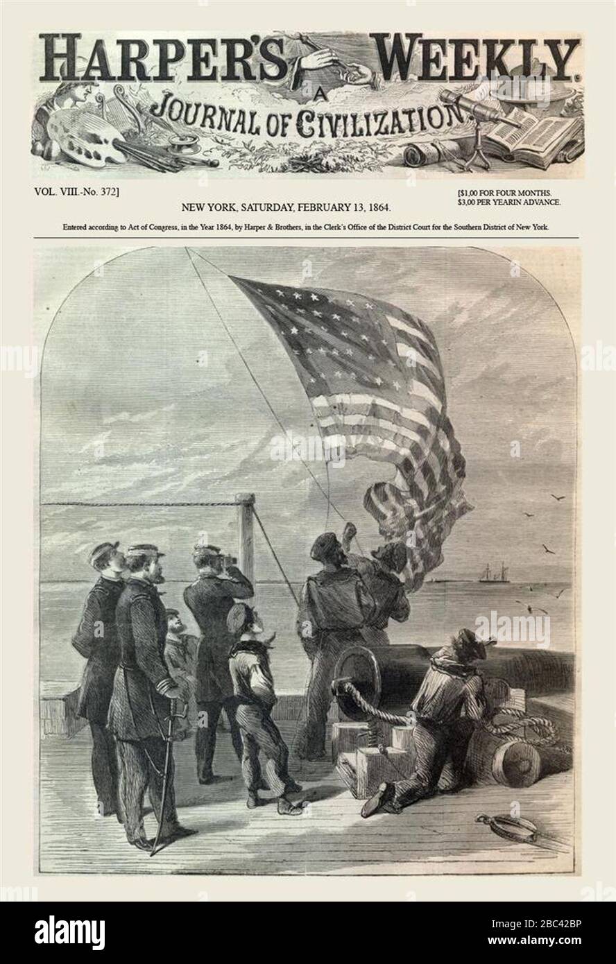 Bateaux à canon blocus Mobile Bay, Alabama, notre drapeau est là, par Alfred Rudolph Waud, Harpers Weekly Cover. Banque D'Images