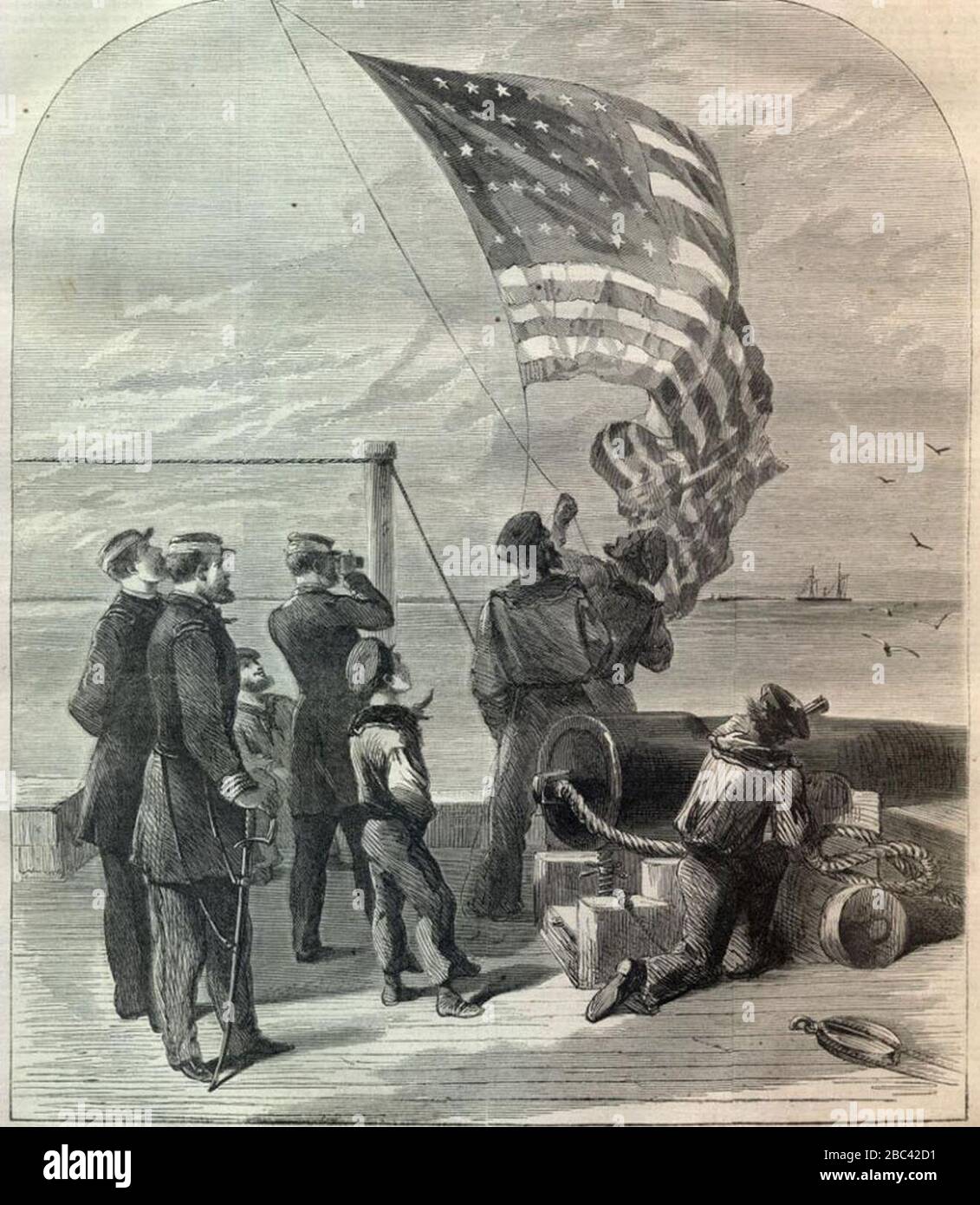 Bateaux à canon blocus Mobile Bay, Alabama, notre drapeau est là, par Alfred Rudolph Waud, Gravure pour Harpers Weekly Cover. Banque D'Images