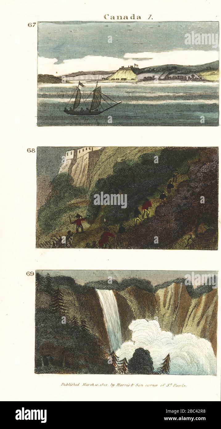 Vue du Québec sur le fleuve Saint-Laurent 67, attaque du général James Wolfe contre le Québec par les hauteurs d’Abraham, 1759 68, et vue sur les chutes Montmorency 69. Gravure en copperplate de couleur à la main des scènes du Rév. Isaac Taylor en Amérique, pour le divertissement et l'instruction des voyageurs de Little tarry-at-Home, John Harris, Londres, 1821. Banque D'Images