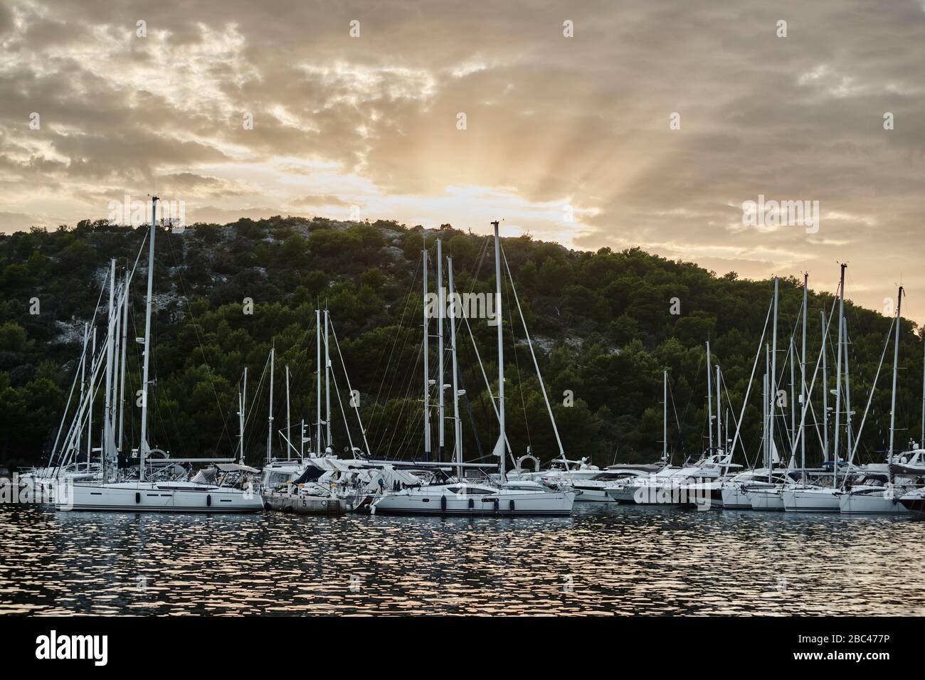 Voiliers à une marina en Croatie Iles au coucher du soleil, arbres en arrière-plan, soleil Banque D'Images