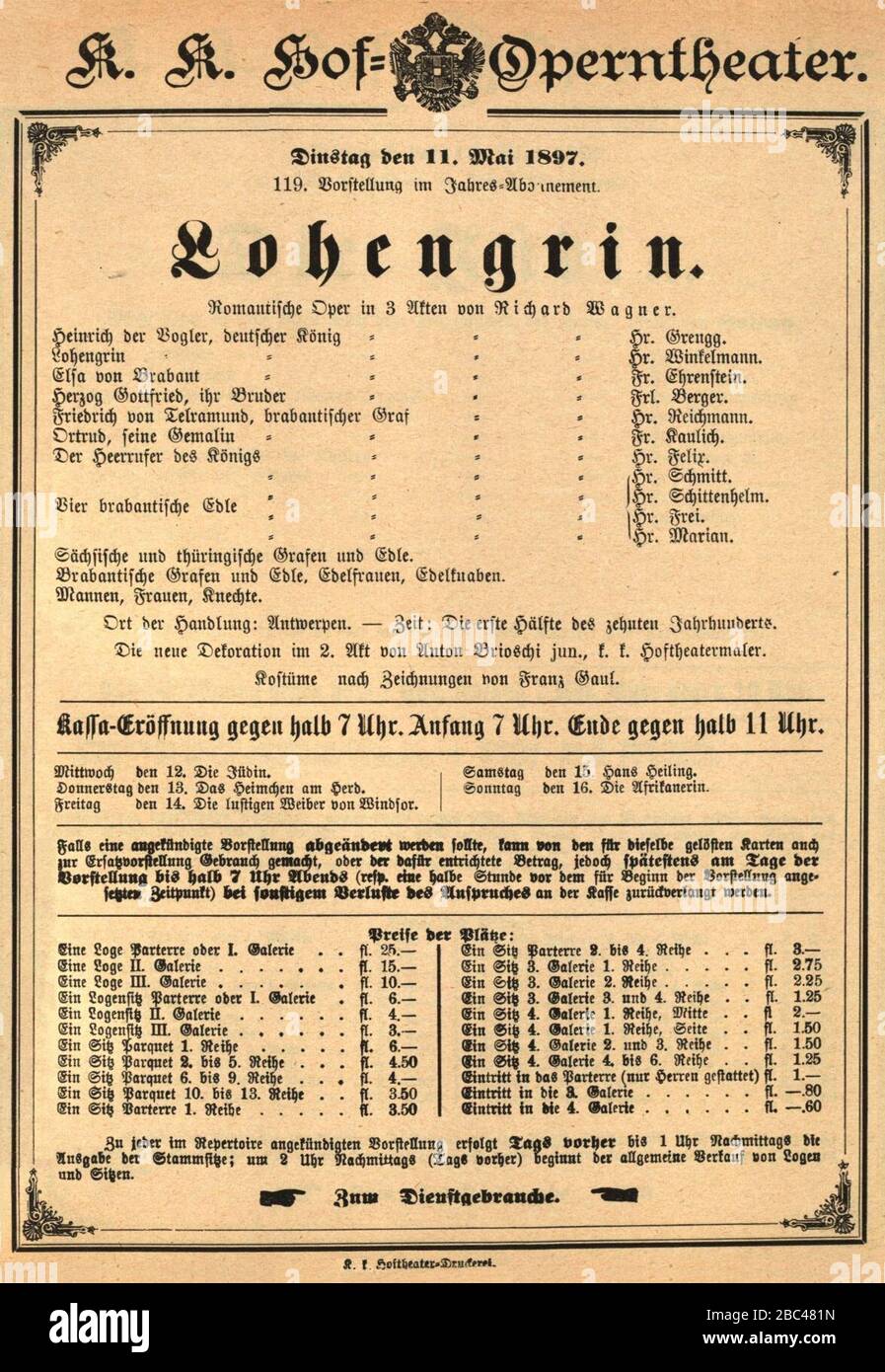 Gustav Mahler - début Am Hofoperntheater 11-05-1897 Lohengrin. Banque D'Images